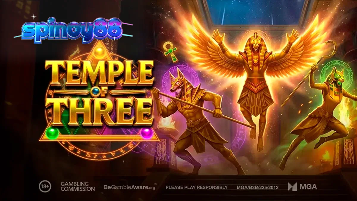 Temple of Three slot game interface na may Egyptian theme